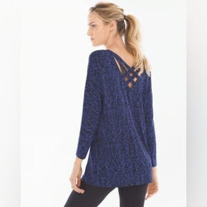 Soma Live Lounge Cross Back Top Size L Blue Black 3/4 Sleeve Jersey Knit Rayon